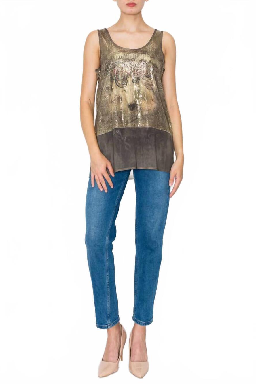 NEW ORIGAMI sequin & chiffon tank top in gold rodeo print